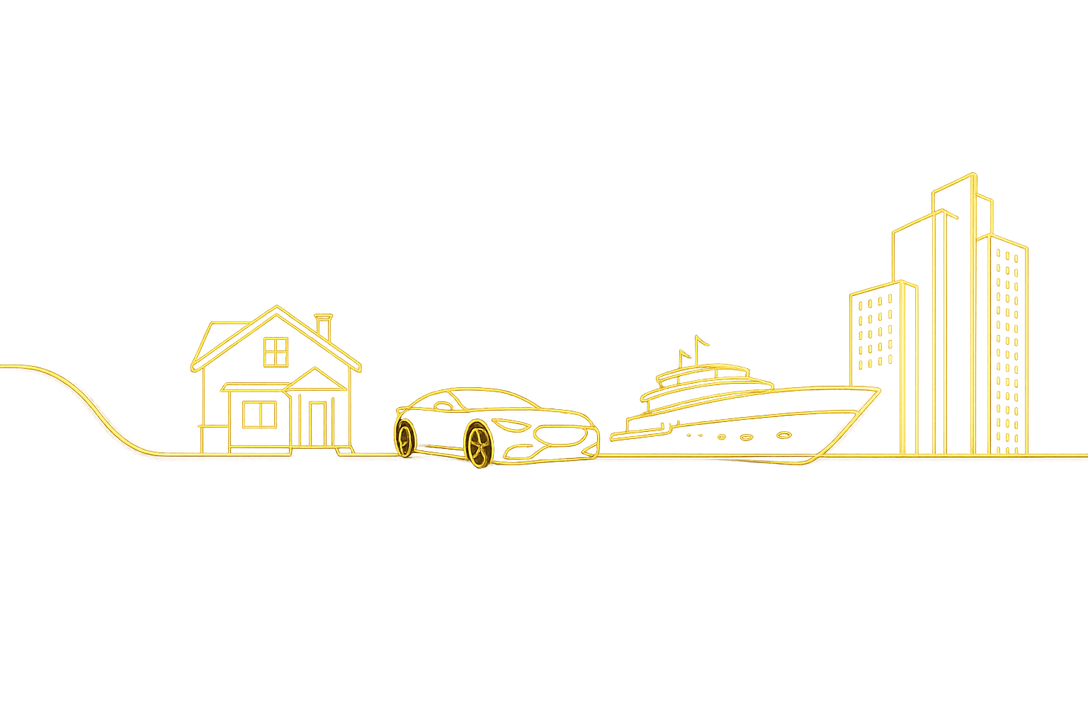 Outline illustration of property, vehicle, yacht, and skyline